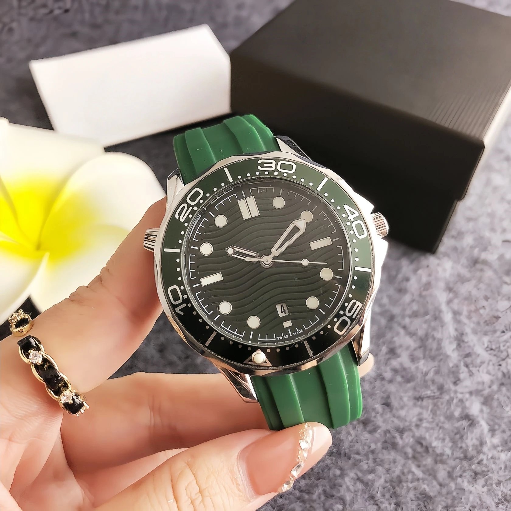 Design Ocean Chrono Green Rubber Strap Mechanical Watch Watches - 5