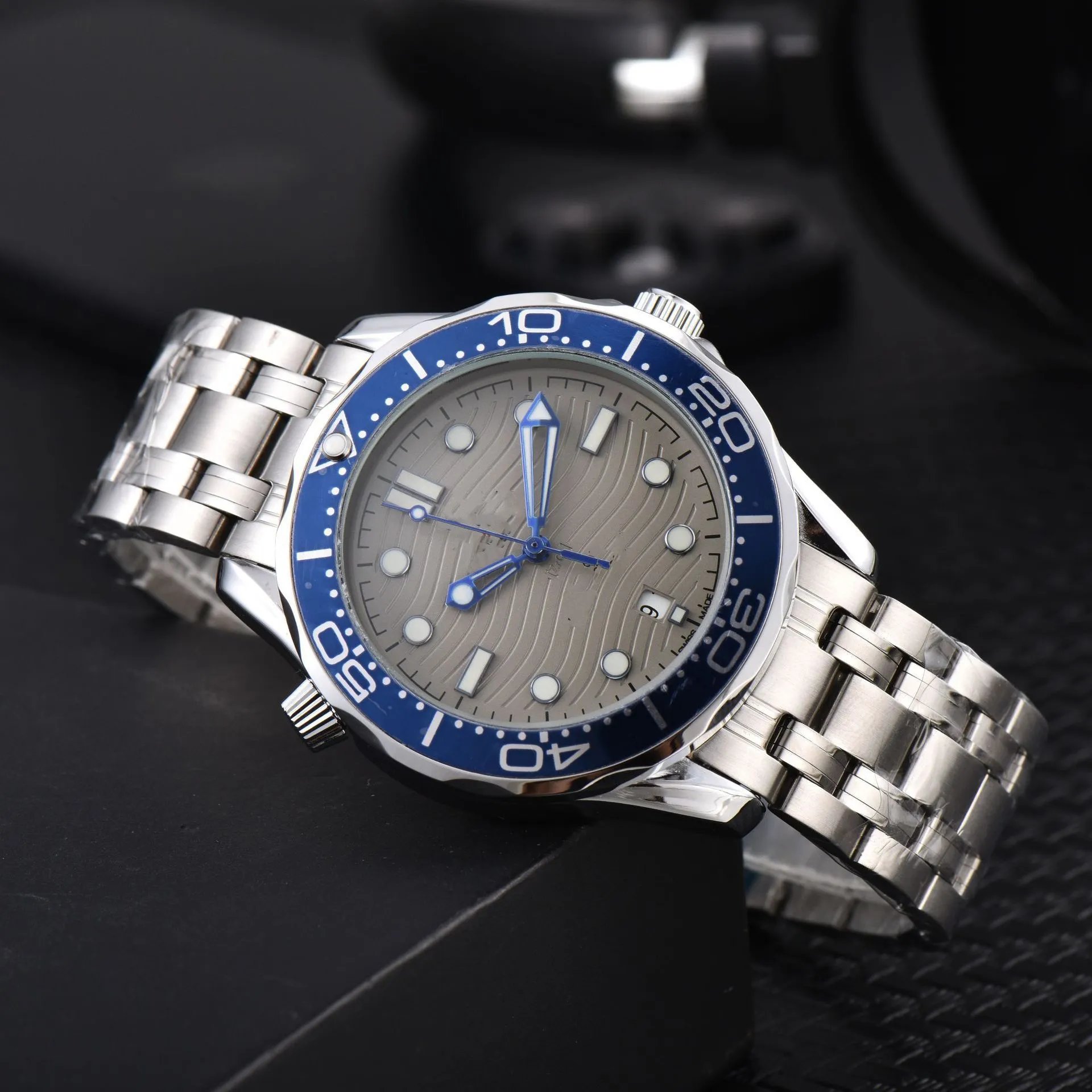 Omega Seamaster Diver 300M Gray Wave Dial Blue Bezel Stainless Steel Watch Watches - 1