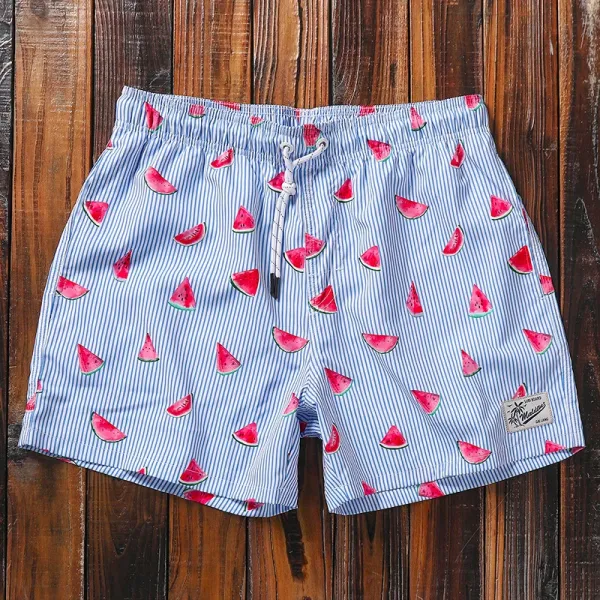 Design Watermelon Print Striped Swim Shorts Blue Swimwear - 1