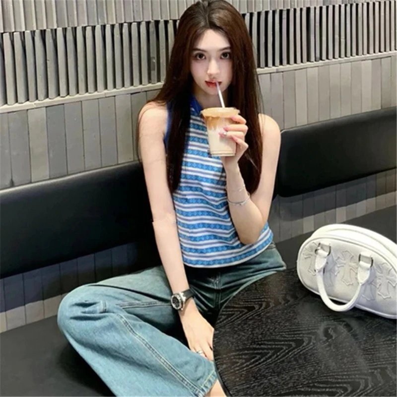 Design Striped Star-Print Sleeveless Top Blue Vest Top - 4