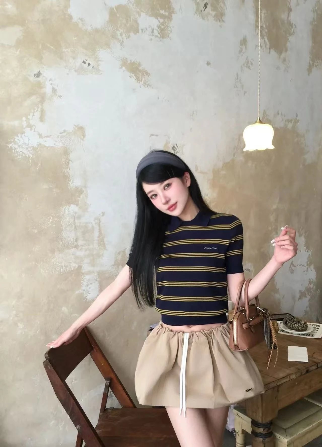 Miu Miu Striped Cropped Polo Top and Pleated Skirt Set in Navy, Gold, Beige