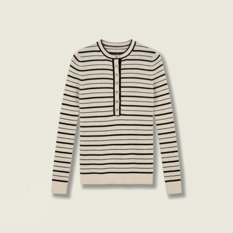 Design Striped Henley Sweater Beige and Black - 3