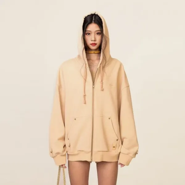 Design Oversized Zip-Up Hoodie Beige Hoodie - 1