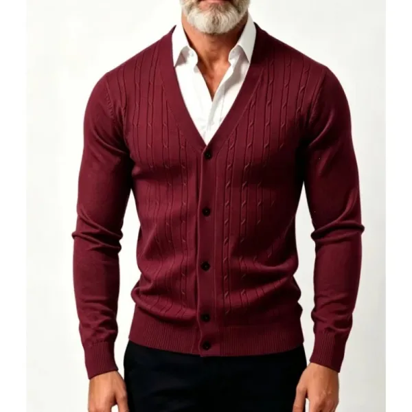Design Cable Knit V-Neck Cardigan Burgundy Outerwear.cardigan - 1