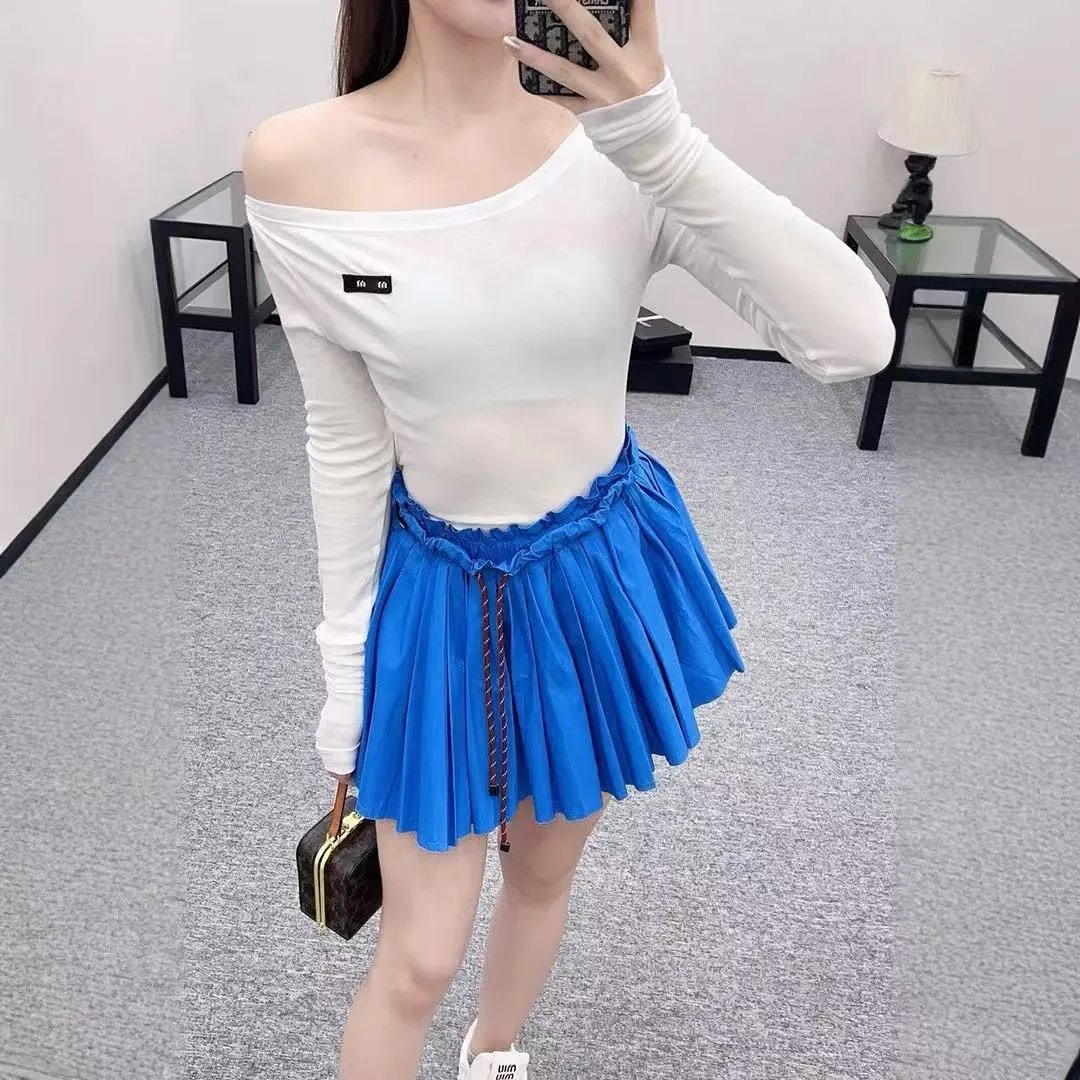 Design Asymmetrical Sheer Long Sleeve Top White with Red Drawstring Shorts - 7