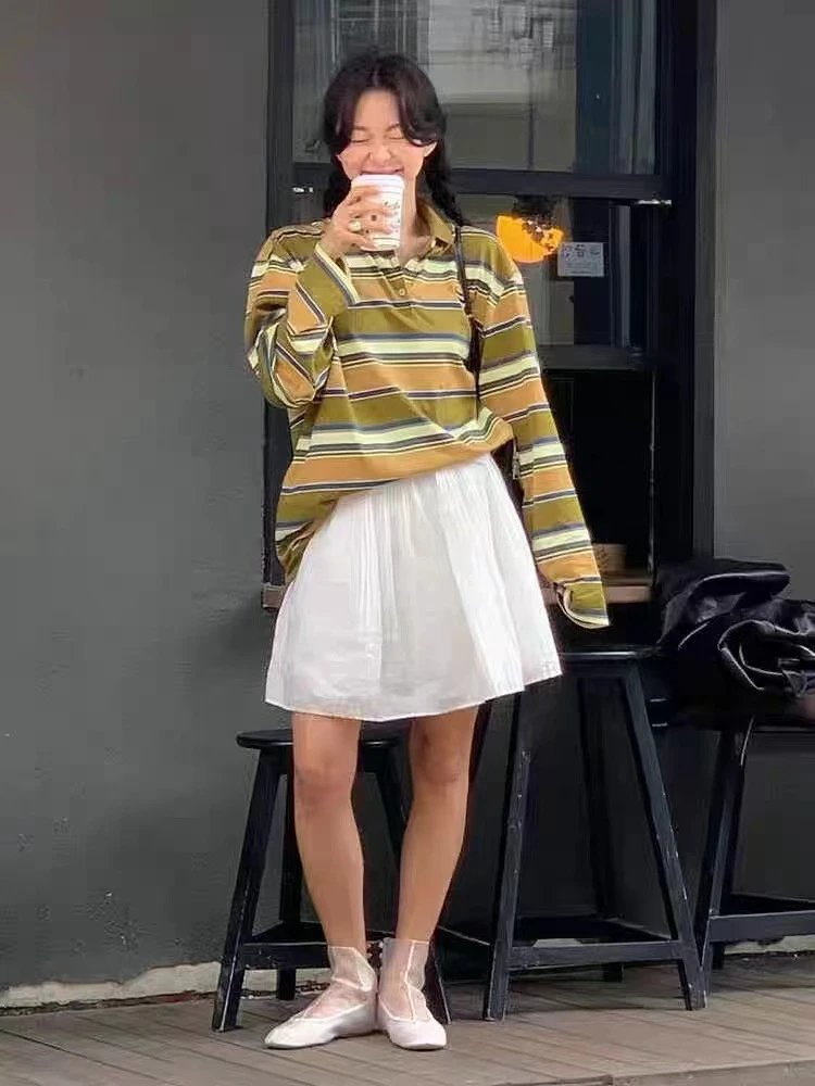 Design Striped Long-Sleeve Polo Shirt in Earth Tone Tops.polo - 4