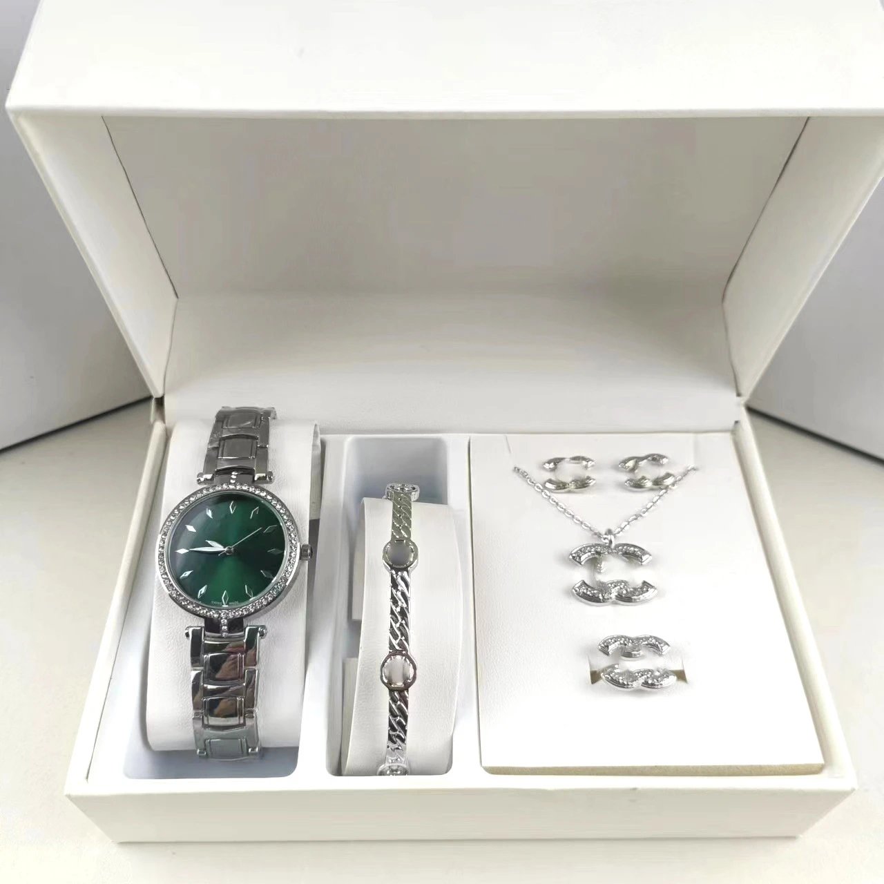 Design Silver-Tone Crystal-Embellished Watch and Jewelry Set Black Dial Accessories - 2