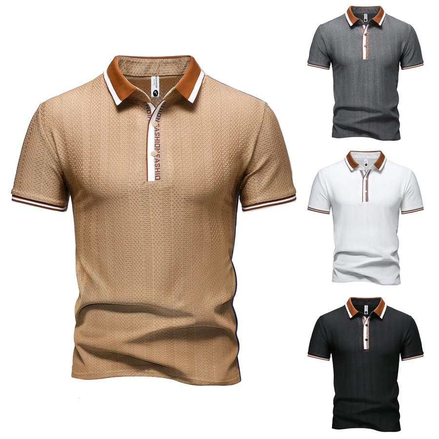 Design Textured Polo Gray Brown Collar Polo Tops Polo - 4