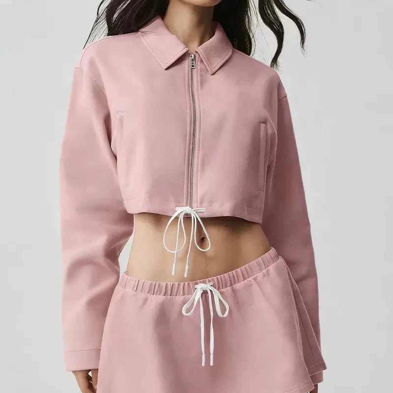 Design Cropped Zip-Front Jacket and Drawstring Shorts Set Black - 5