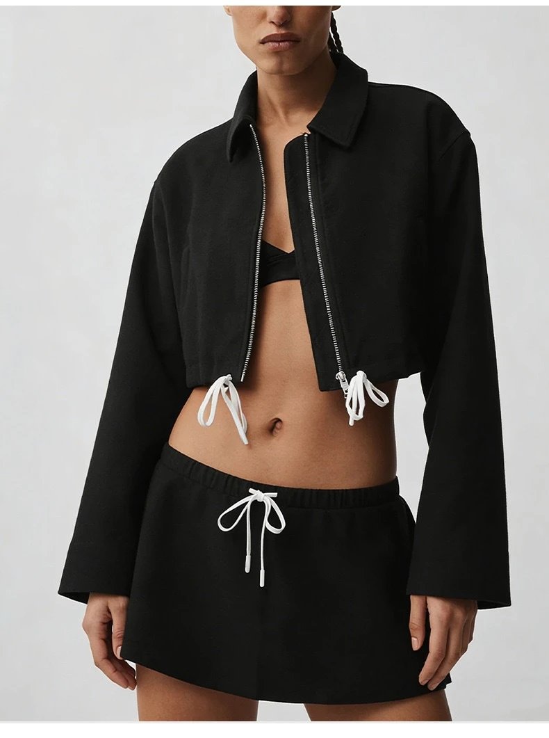 Design Cropped Zip-Front Jacket and Drawstring Shorts Set Black - 10