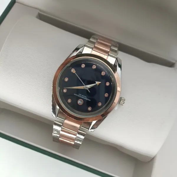 Design Two-Tone Rose Gold and Silver Watch with Blue Dial and Crystal Hour Markers Watches - 3