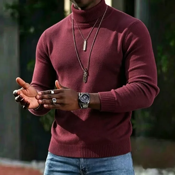 Design Turtleneck Sweater Burgundy Men's Knit Sweater - 1