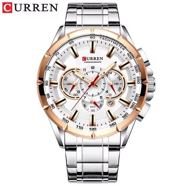 Curren Chronograph Watch Silver Rose Gold White Dial Men's Qu