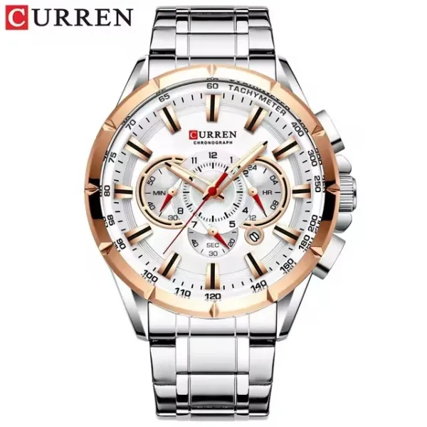 Design Curren Chronograph Watch Silver Rose Gold White Dial Men's Quartz Watch Watches - 1