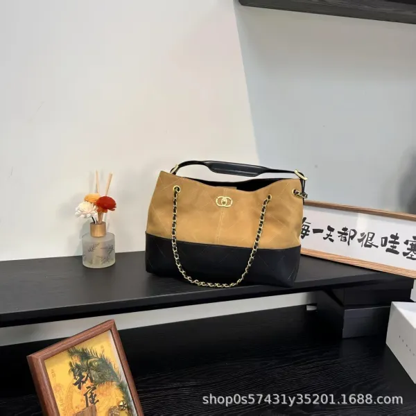 Chanel Bucket Bag Beige and Black Quilted Leather with Gold Chain Strap Handbags - 10