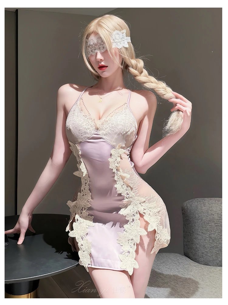 Design #753 Black Lace-Trimmed Satin Chemise with Floral Appliqué Underwear - 15