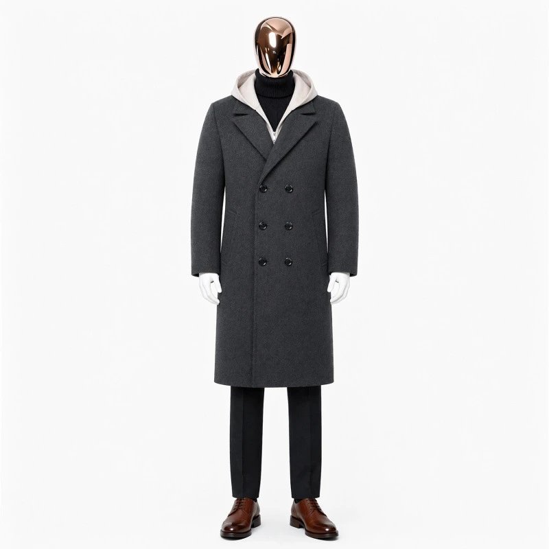 Design Double-Breasted Wool Coat Charcoal Gray Outerwear
