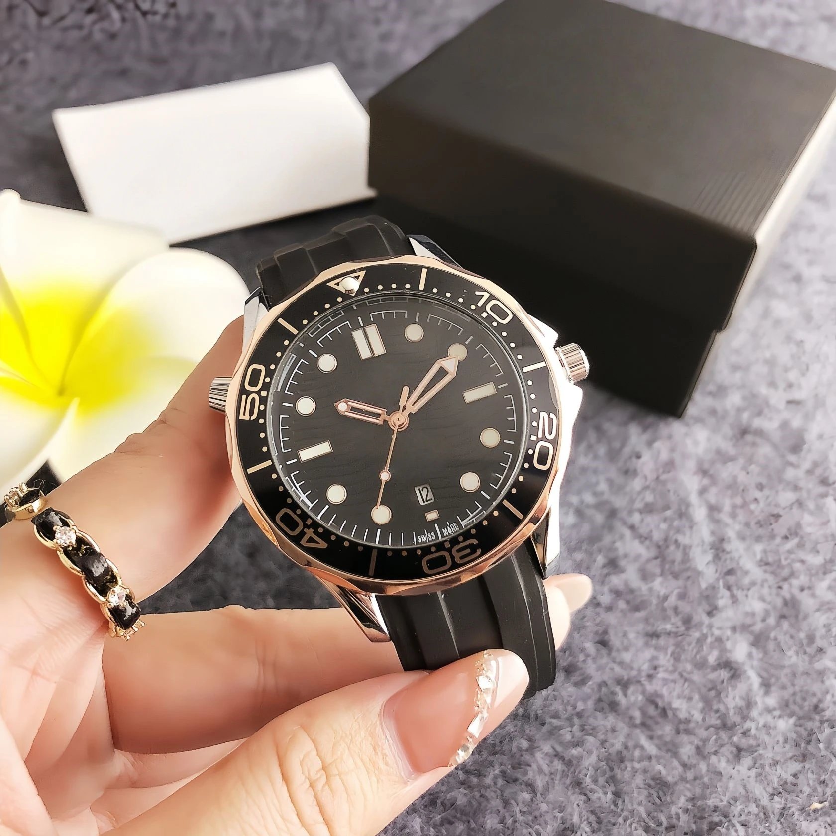 Design Ocean Chrono Green Rubber Strap Mechanical Watch Watches - 4