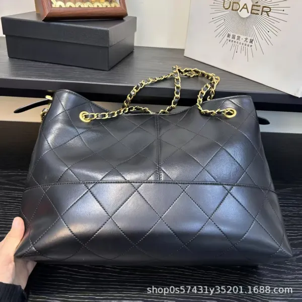 Chanel Bucket Bag Beige and Black Quilted Leather with Gold Chain Strap Handbags - 17