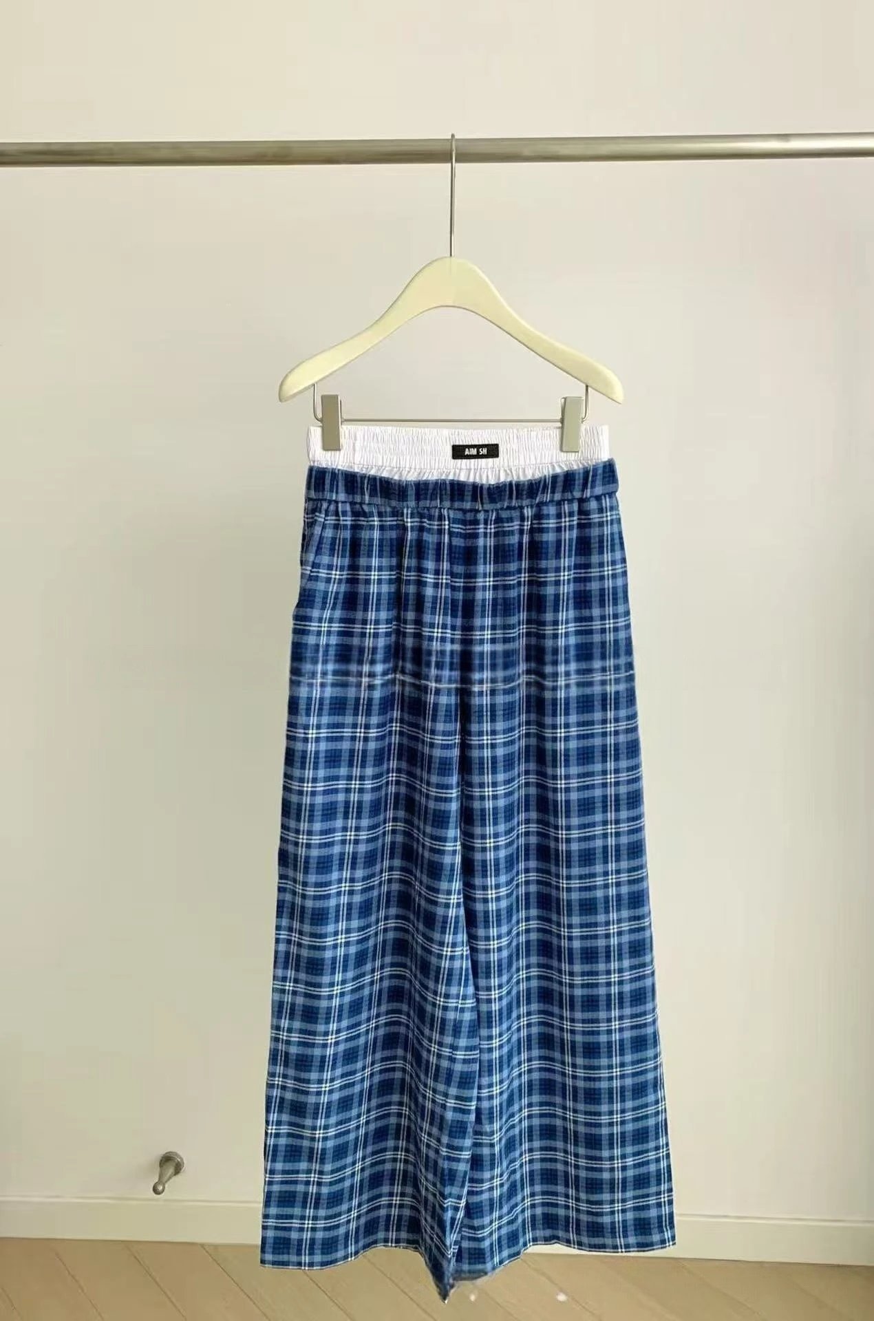 Design Plaid Wide-Leg Pants Blue White - 7