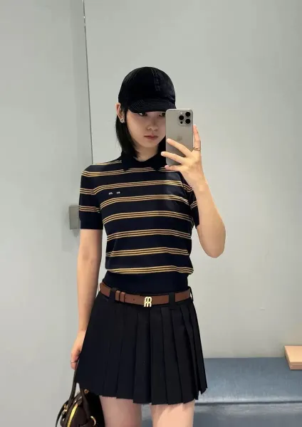 MM6 Maison Margiela Maison Margiela MM6 Striped Knit Polo Navy Polo Shirt - 4