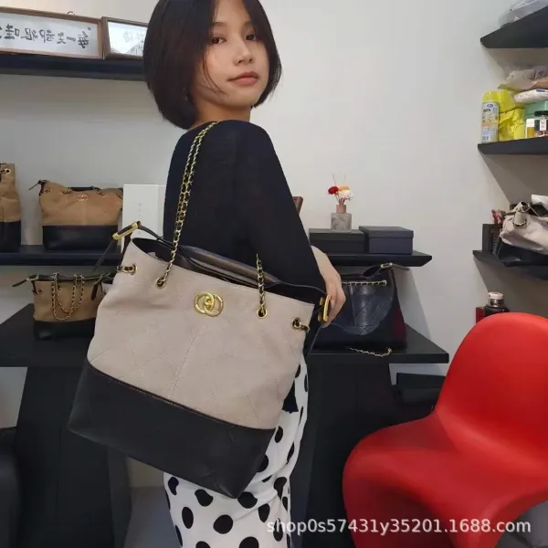 Chanel Bucket Bag Beige and Black Quilted Leather with Gold Chain Strap Handbags - 34