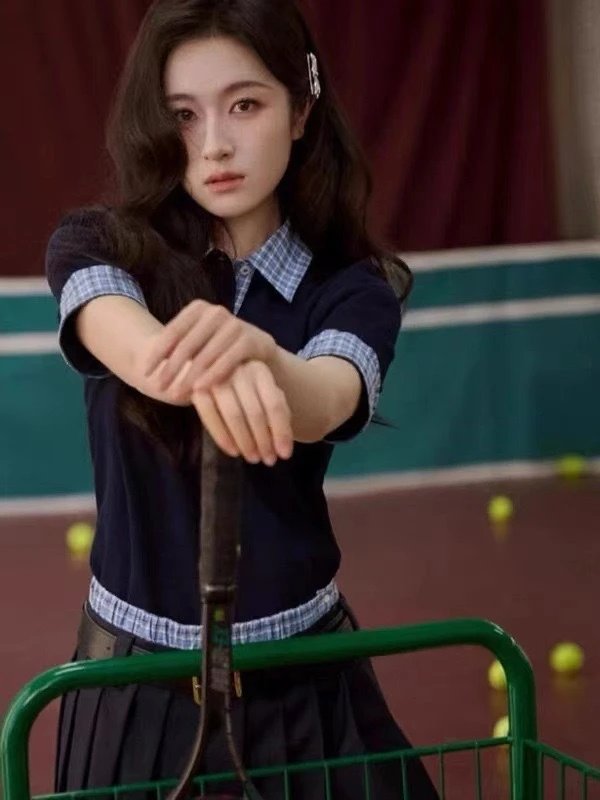 Design Layered Collar Polo Black with Blue-White Check Plaid Trim Tops.polo - 7