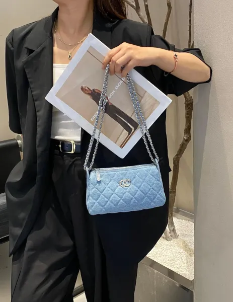 Chanel Mini Quilted Denim Chain Bag Light Blue Shoulder Bags - 15
