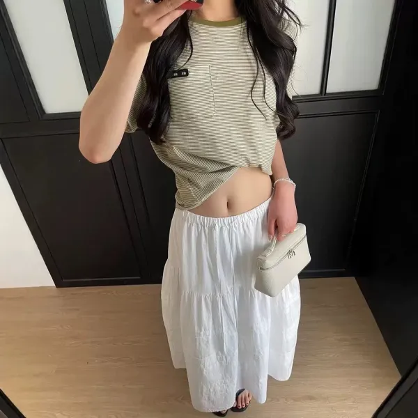 Design Striped Crewneck T-Shirt in Beige with Logo Patch - 7