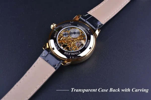 Design Fosining Skeleton Mechanical Watch Gold White Leather Strap Watches - 8