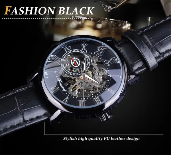 Design Fosining Skeleton Mechanical Watch Gold White Leather Strap Watches - 13