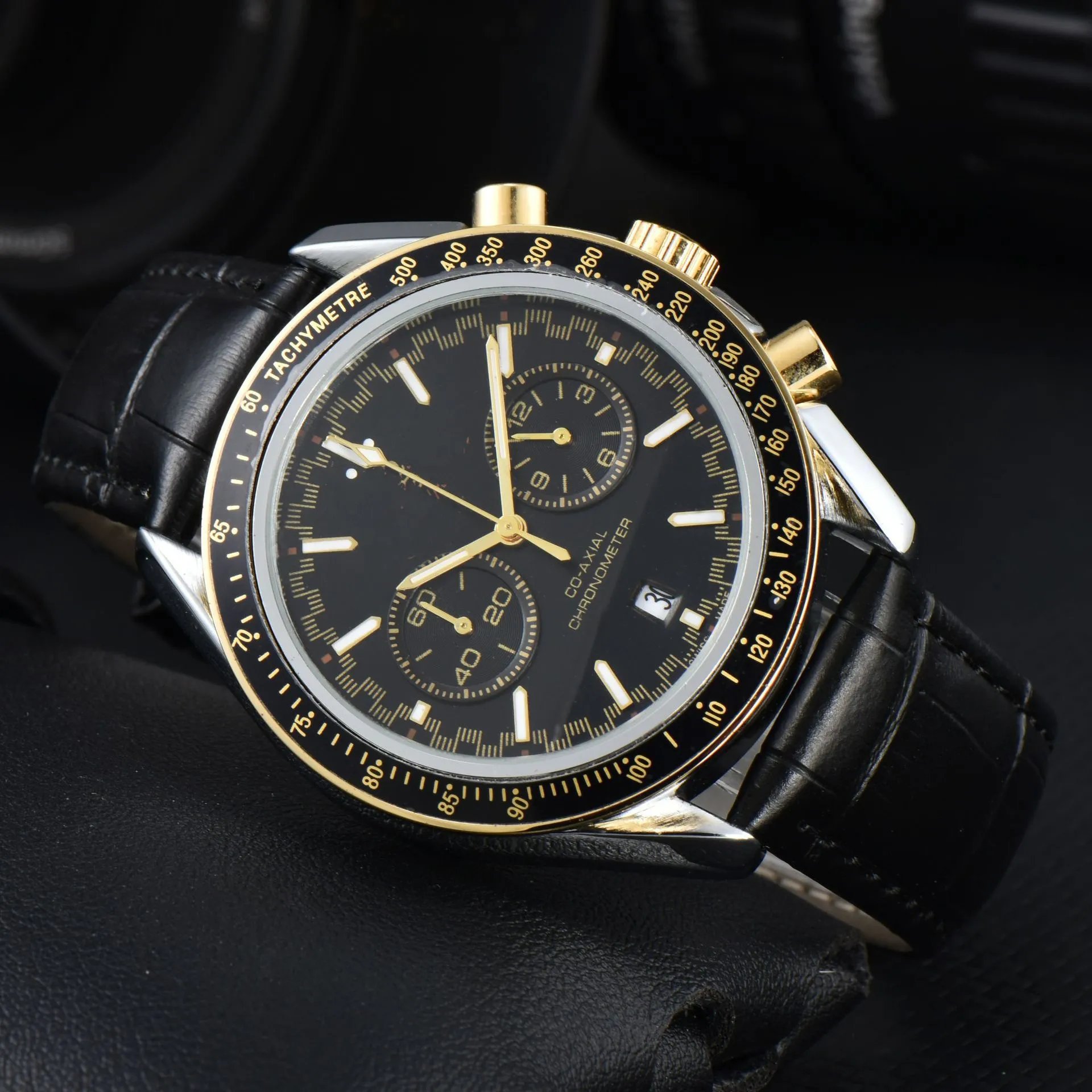 Design Chronograph Tachymetre Black Dial Rose Gold Case Leather Strap Watch Watches - 3
