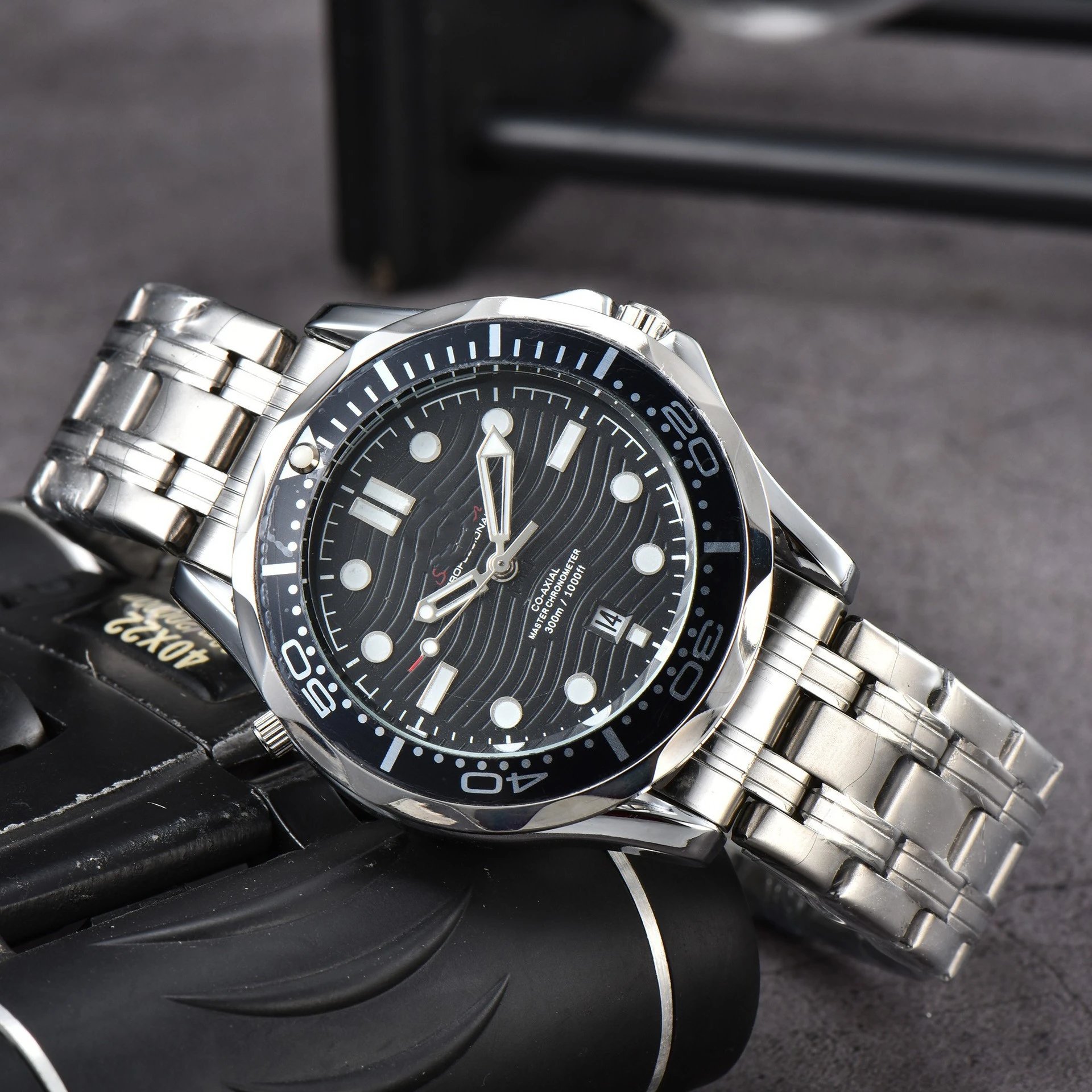 Omega Seamaster Diver 300M Co-Axial Master Chronometer Black Wave Dial Stainless Steel Watch Watches