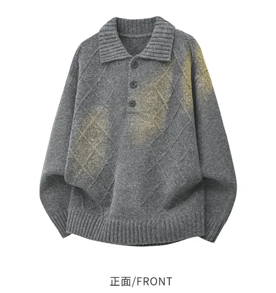 Design Knit Collared Button-Up Sweater Gray with Gold Gradient - 15