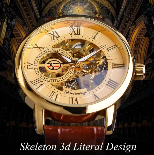 Design Fosining Skeleton Mechanical Watch Gold White Leather Strap Watches - 20