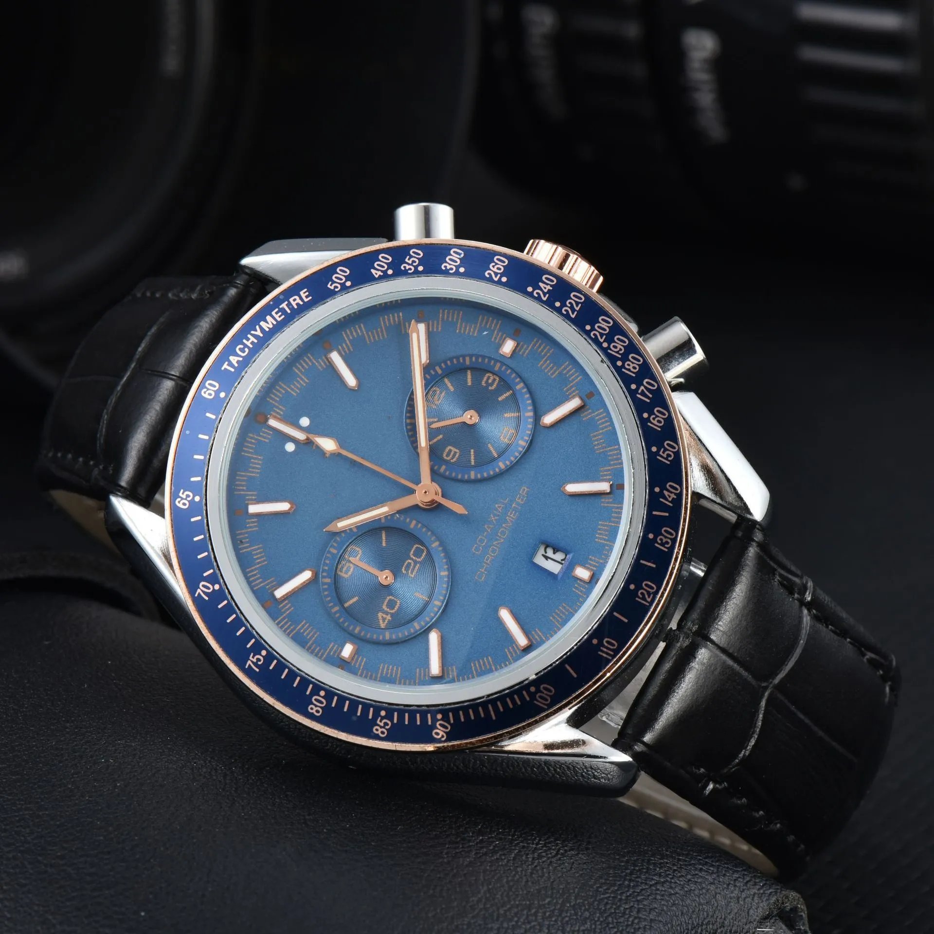 Design Chronograph Tachymetre Black Dial Rose Gold Case Leather Strap Watch Watches - 15