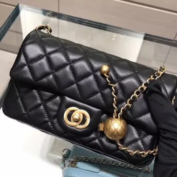 Chanel Mini Flap Bag Black Quilted Lambskin with Gold Hardware and Ball Charm Chain Strap Shoulder Bags - 1