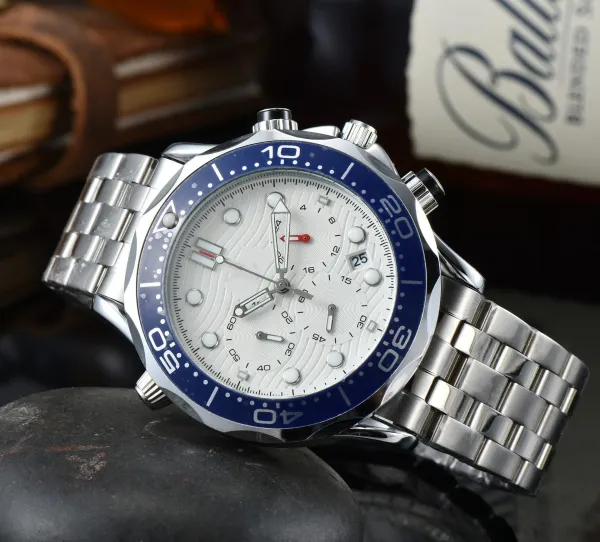 Omega Seamaster Chronograph White Dial Blue Bezel Stainless Steel Watch Watches - 1