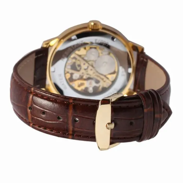 Design Fosining Skeleton Mechanical Watch Gold White Leather Strap Watches - 36