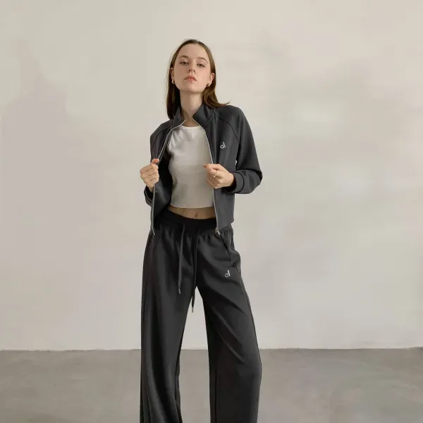 Alo Cropped Zip-Up Jacket and Sweatpants Set Black Tracksuit - 6
