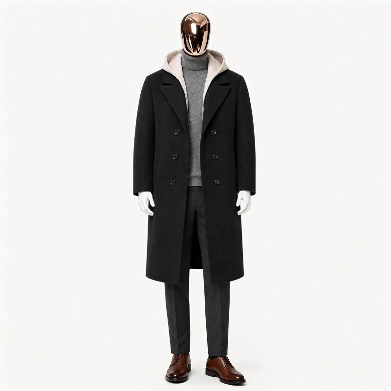 Design Double-Breasted Wool Coat Black with Hooded Turtleneck Layering Outerwear.coat