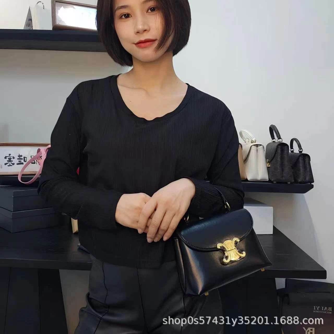 Celine Triomphe Mini Bag Burgundy Leather Handbag - 23