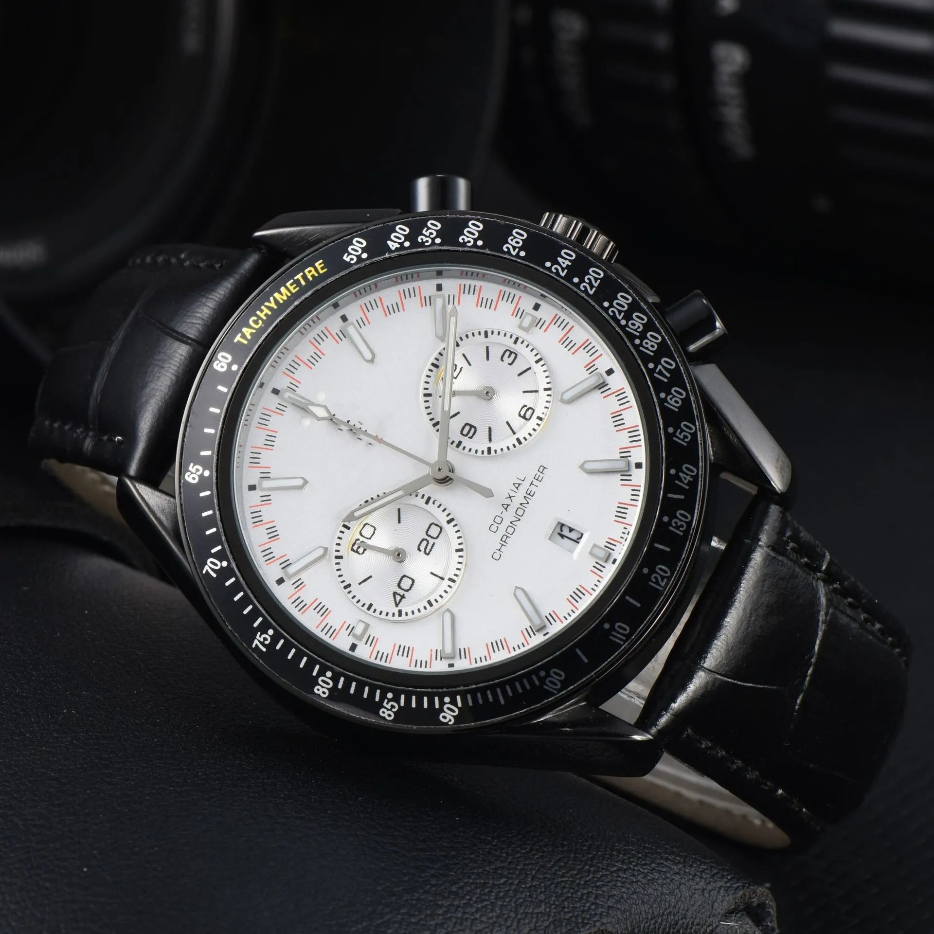 Design Chronograph Tachymetre Black Dial Rose Gold Case Leather Strap Watch Watches - 16