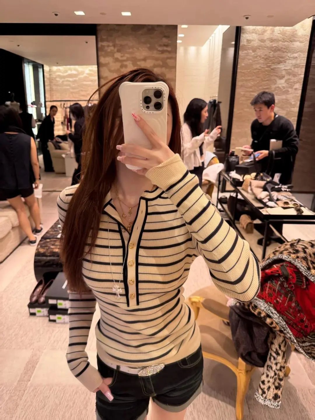 Design Striped Henley Sweater Beige and Black - 4