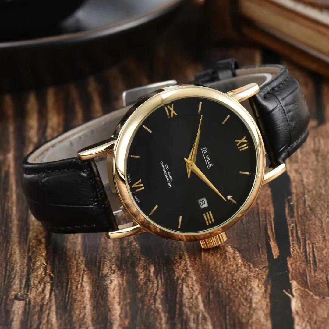 Design De Ville Chronometer Black Dial Rose Gold Case Leather Strap Watch Watches - 6