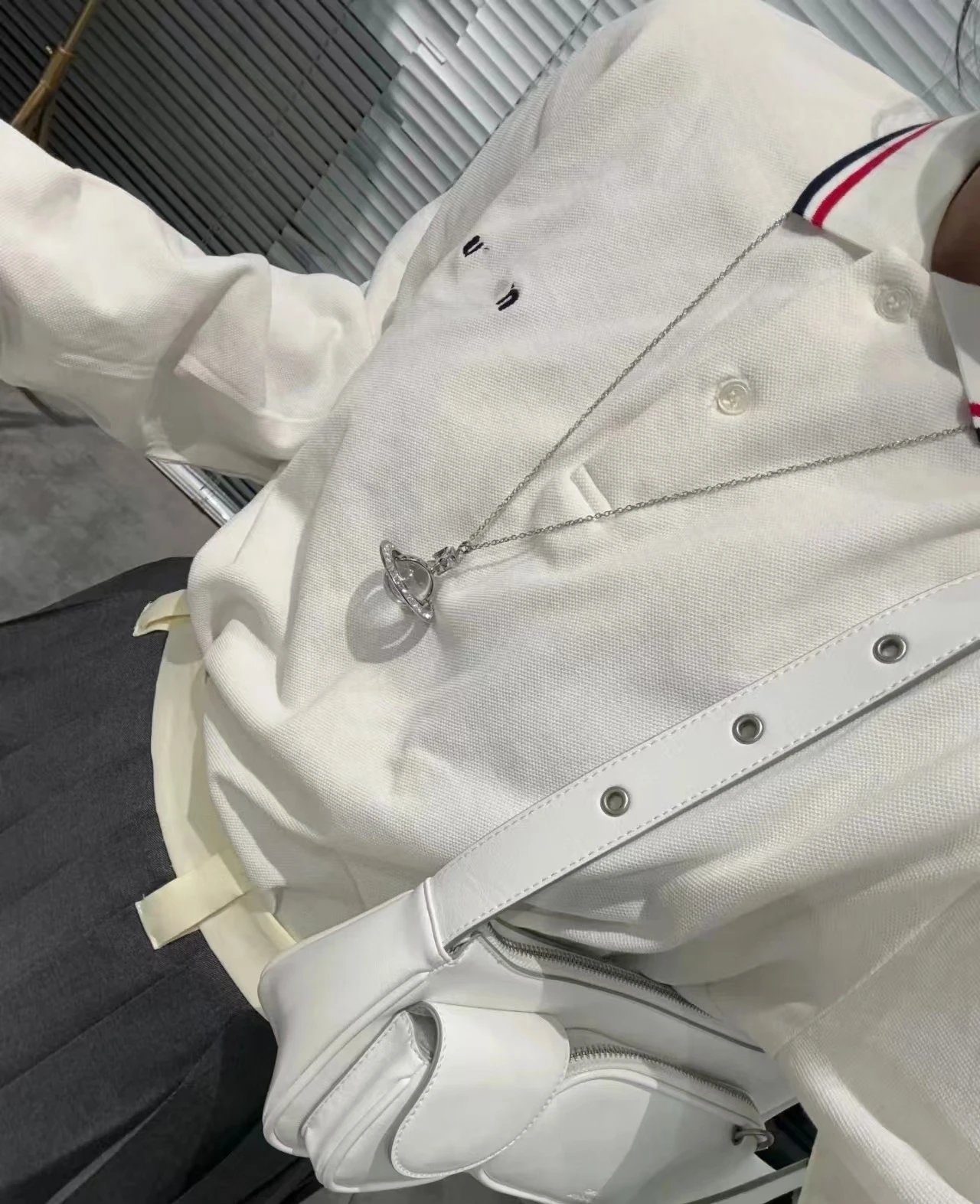 Thom Browne Polo Shirt White with Navy Pleated Skirt and Tabi Sneakers - 4