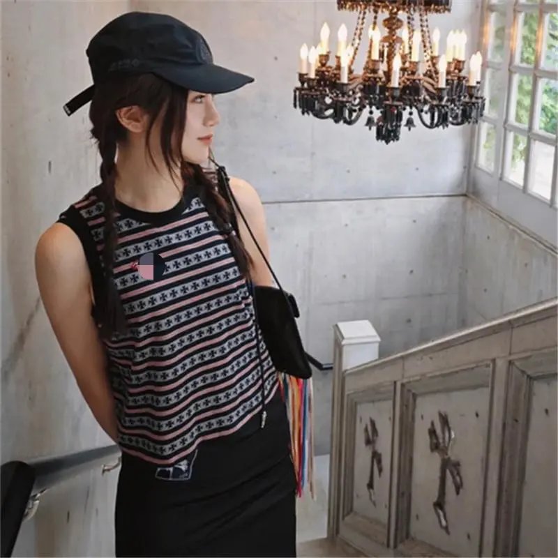 Design Striped Star-Print Sleeveless Top Blue Vest Top - 7