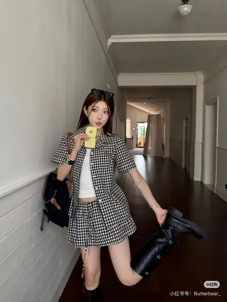 MCM Gingham Drawstring Waist Skirt Black and White - 4