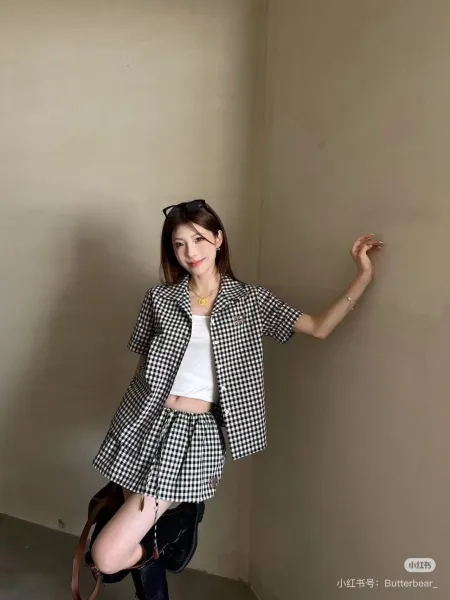 MCM Gingham Drawstring Waist Skirt Black and White - 5