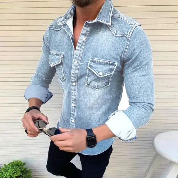Design Denim Shirt Light Wash Button-Up Shirt - 1